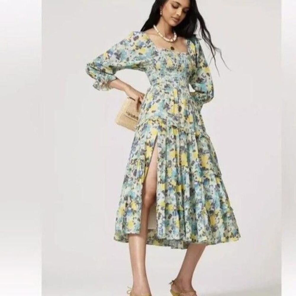 Loveshackfancy Women's Blue and Green Midi Dress Size L